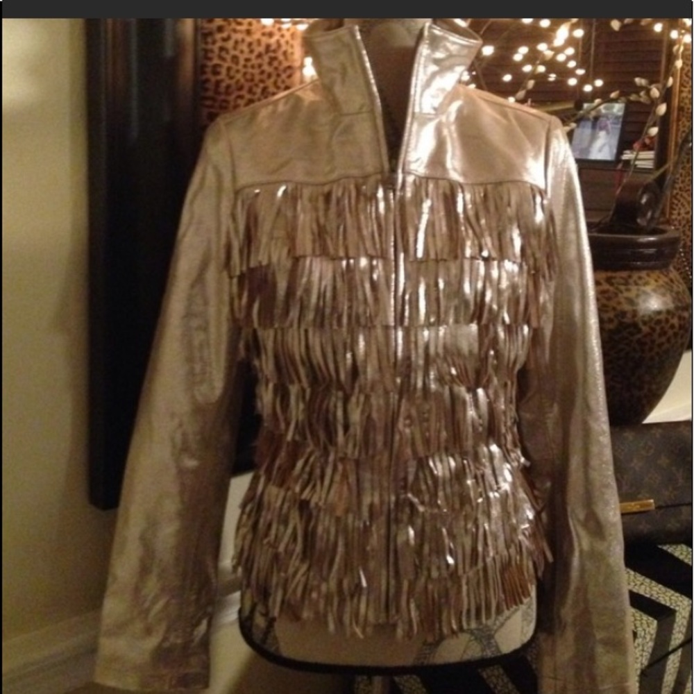 🥰🌹VALENTINES IDEA! BOSTON PROPER LEATHER FRINGED JACKET CHAMPAIGN COLOR
